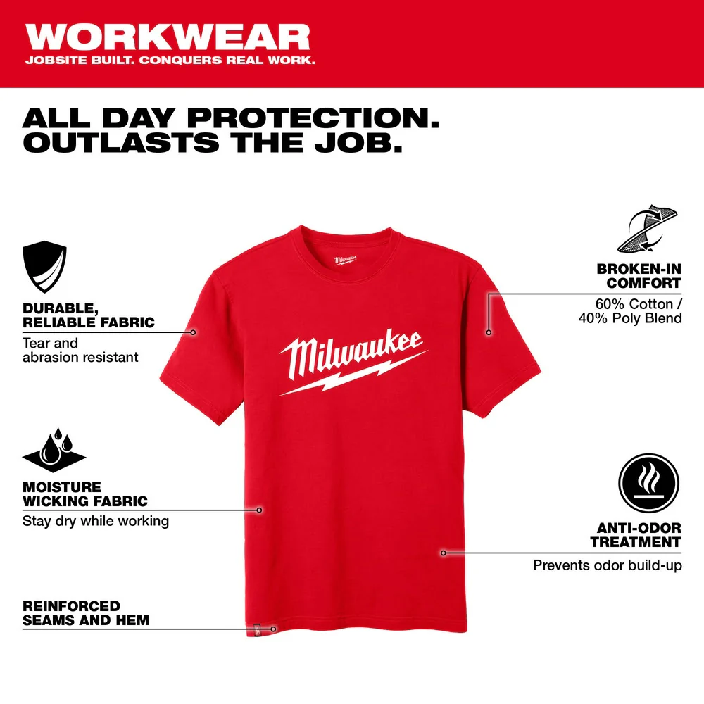 Milwaukee 607R Heavy Duty T-Shirt - Short Sleeve Logo Red - Builderot
