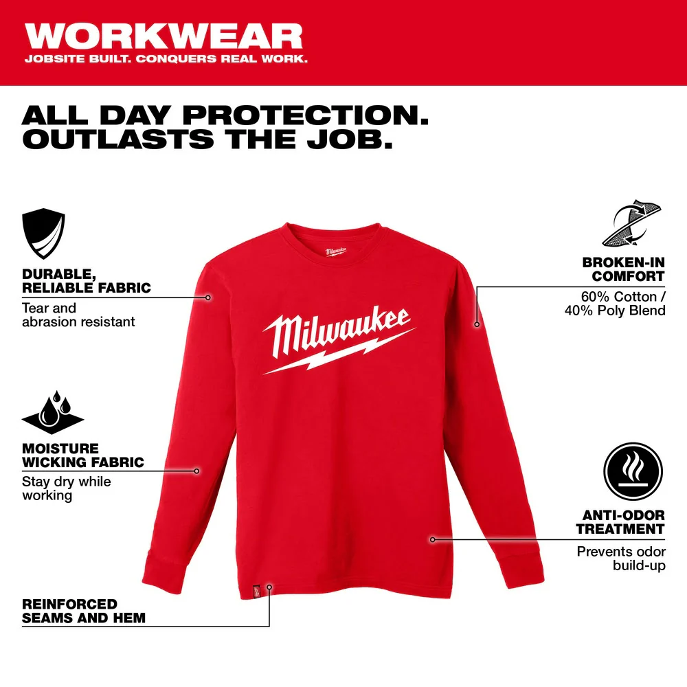 Milwaukee 608R Heavy Duty T-Shirt - Long Sleeve Logo Red - Builderot