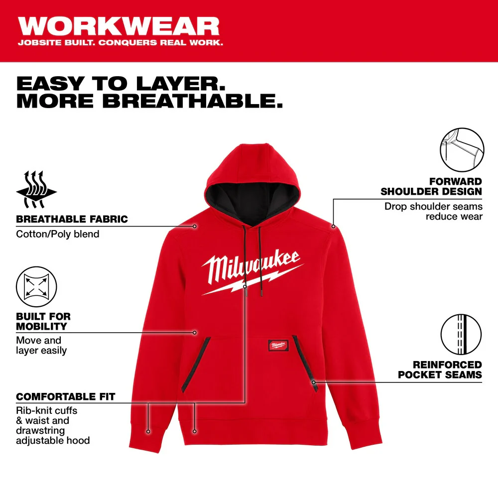 Milwaukee 352R Midweight Pullover Hoodie - Logo Red - Builderot