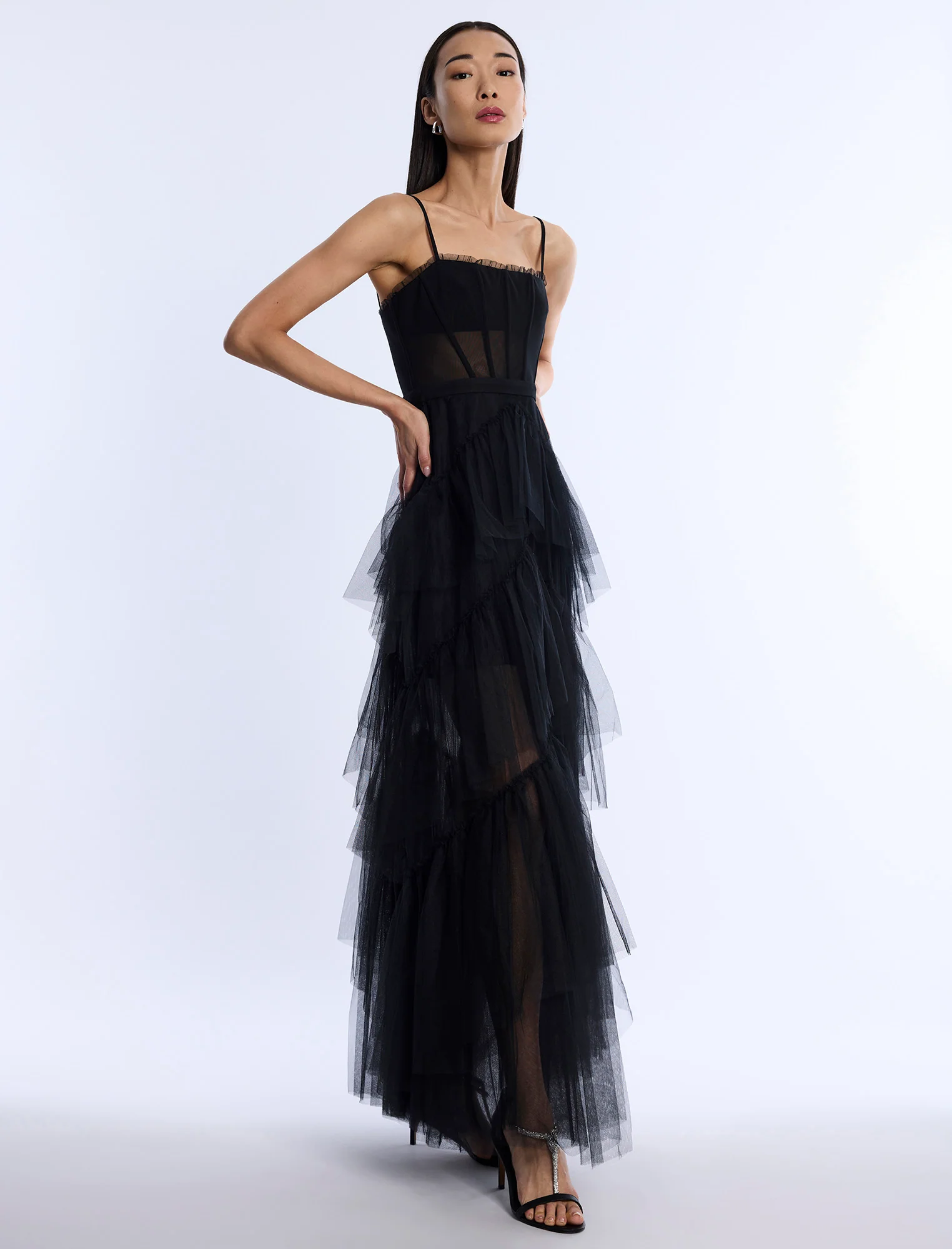 Oly Tiered Ruffle Tulle Evening Gown - Builderot